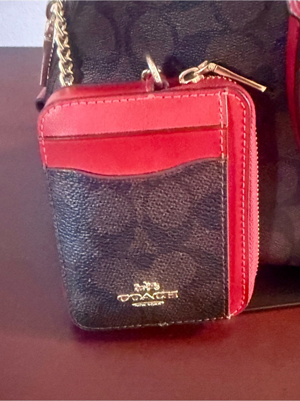 Coach Brown Monogram Card Case Wallet with Red Trim